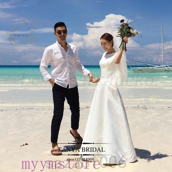 二次会 花嫁 白 ワンピース ウエディングドレスマキシ丈 結婚式 ドレス お呼ばれ シンプル フォーマル エレガント 前撮り海外 披露宴 ロング丈 フレア Aライン