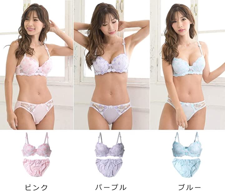 レディース ブラ ブラジャー ショーツ 下着 上 セット 女性 カップ 取り外し( ピンク＆ブルー＆パープル, C75)