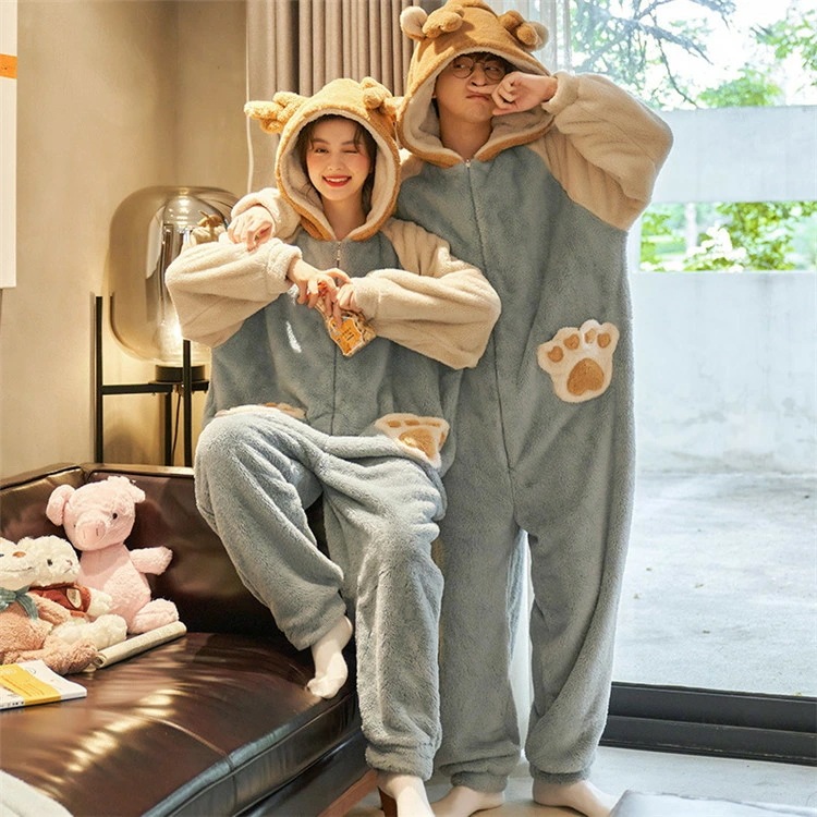 男女2点セットペアパジャマ カップル 冬 着ぐるみ ルームウエア オーバーホール ペアルック ペアお揃い 部屋着 フランネル オールインワン ナイトウェア レディース メンズ パジャマ 韓国 可愛い