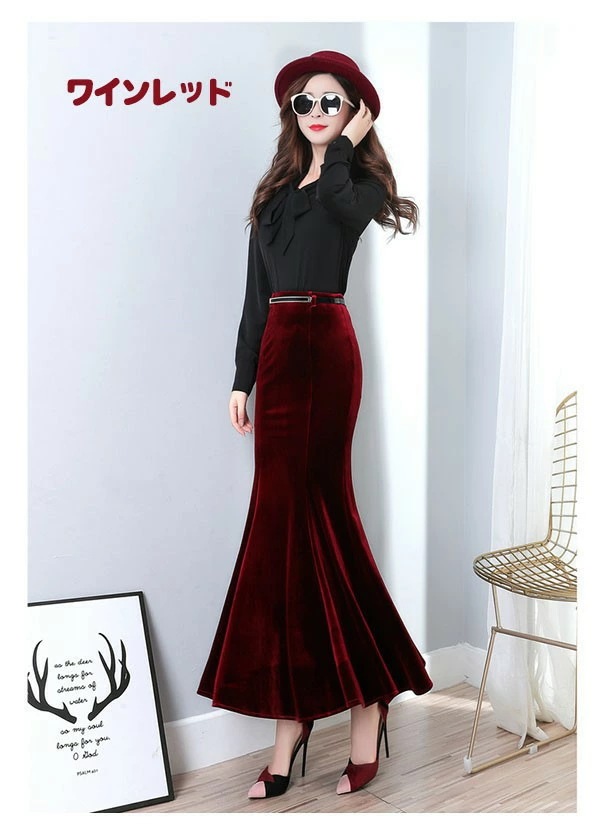 ロングスカート マーメイドライン マキシ丈 ベルベット ロング丈 春 秋 冬 マーメイドスカートロング スカートレディース マキシ丈スカートマーメイドスカート タイト シンプル レース 着痩せ 着心地