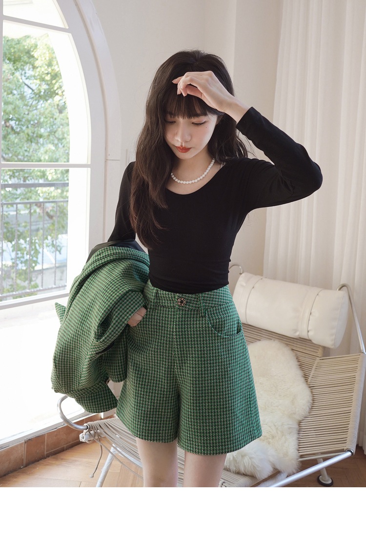 韓国レディーススーツセットカジュアルファッション春トップスカーディガンミニスカートグリーンチェック柄福袋