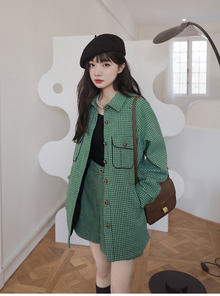 韓国レディーススーツセットカジュアルファッション春トップスカーディガンミニスカートグリーンチェック柄福袋