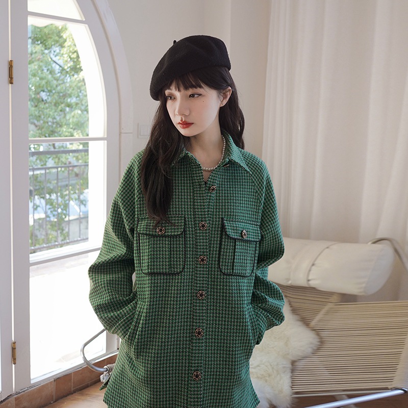 韓国レディーススーツセットカジュアルファッション春トップスカーディガンミニスカートグリーンチェック柄福袋