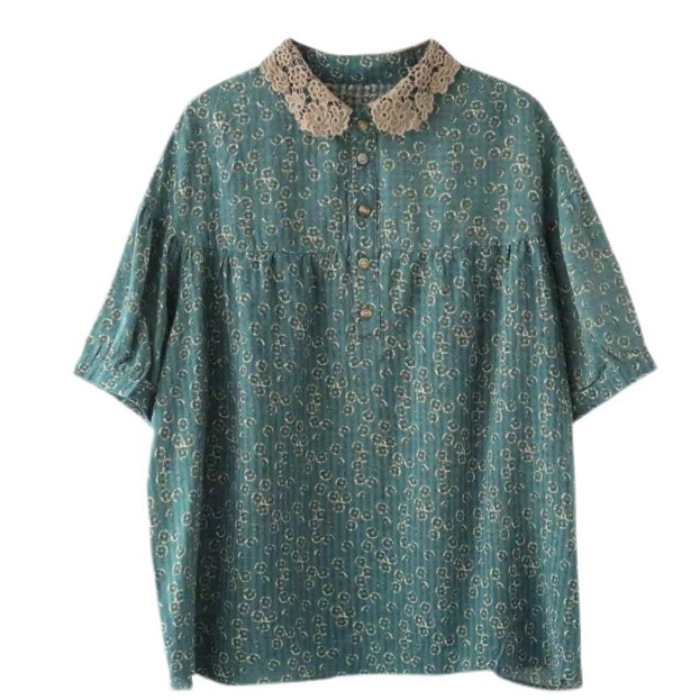 レディース シャツ ブラウス 半袖 襟付き ワイド フェミニン レース ボタン 薄手 かわいい 大人可愛い きれいめ シンプル カジュアル 上品 おしゃれ レトロ こなれ感 ラフ ルーズ 個性的