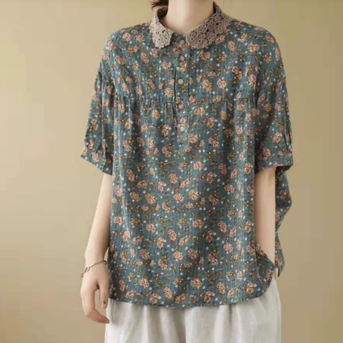 レディース シャツ ブラウス 半袖 襟付き ワイド フェミニン レース ボタン 薄手 かわいい 大人可愛い きれいめ シンプル カジュアル 上品 おしゃれ レトロ こなれ感 ラフ ルーズ 個性的