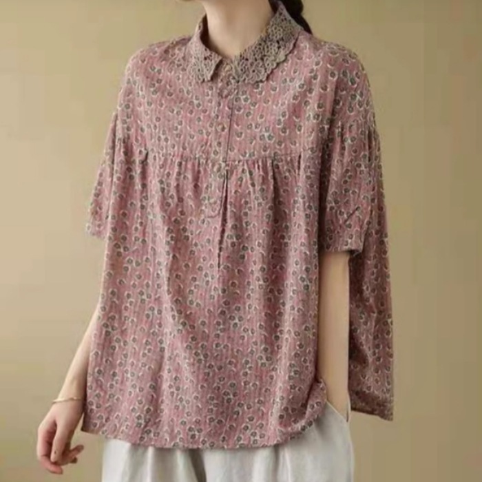 レディース シャツ ブラウス 半袖 襟付き ワイド フェミニン レース ボタン 薄手 かわいい 大人可愛い きれいめ シンプル カジュアル 上品 おしゃれ レトロ こなれ感 ラフ ルーズ 個性的