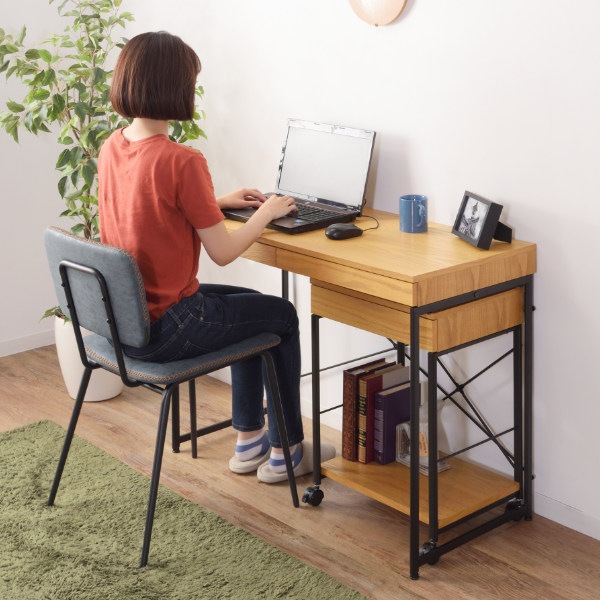 デスク パソコンデスク 幅100cm 引き出し付き アジャスター付き 天然木 スチール脚 デスク パソコンデスク 幅100cm 引き出し付き アジャスター付き 天然木 スチール脚