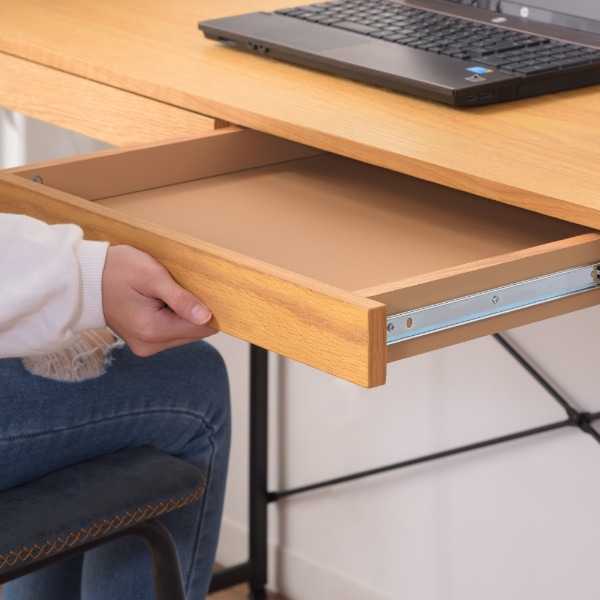 デスク パソコンデスク 幅100cm 引き出し付き アジャスター付き 天然木 スチール脚 デスク パソコンデスク 幅100cm 引き出し付き アジャスター付き 天然木 スチール脚