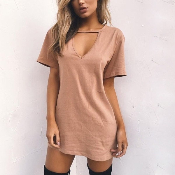 カジュアルな女性の半袖ロングTシャツドレスソリッドVネックドレス カジュアルな女性の半袖ロングTシャツドレスソリッドVネックドレス