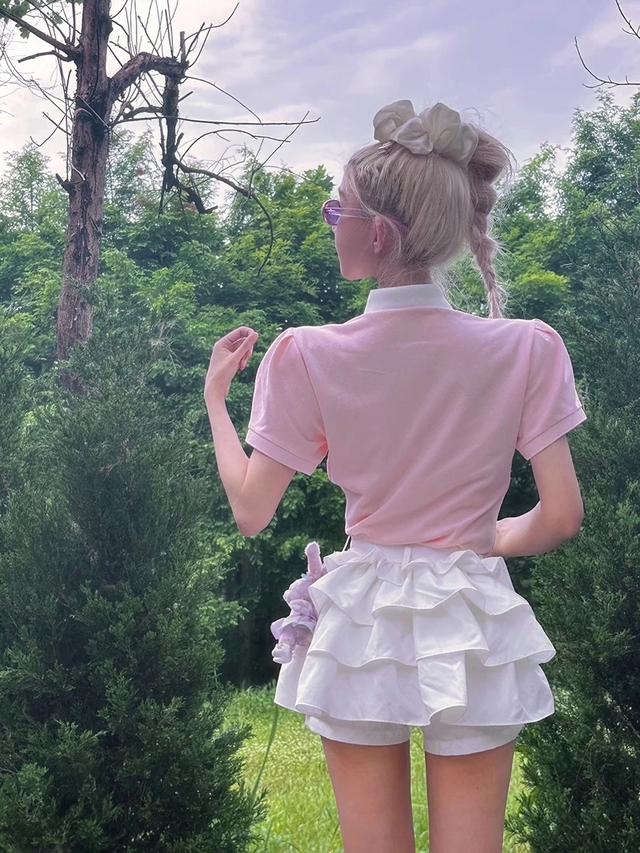 ゴルフウェア レディース スポーツウェア ケーキ型 スカート フリル 半袖 POLO ポロシャツ Tシャツ 上下セット 白 グレー 女性 テニスウェア 速乾 通気性 春 夏 韓国風 おしゃれ