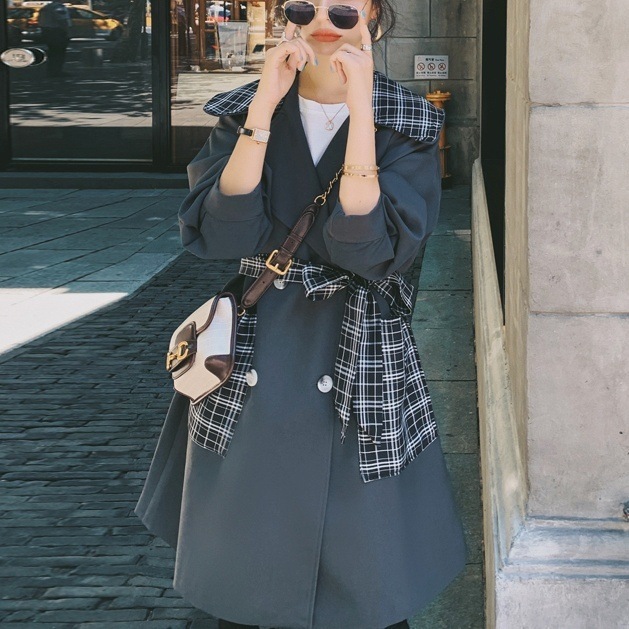 レディース チェスターコート アウター コート トレンチコート ドッキングデザイン チェック柄