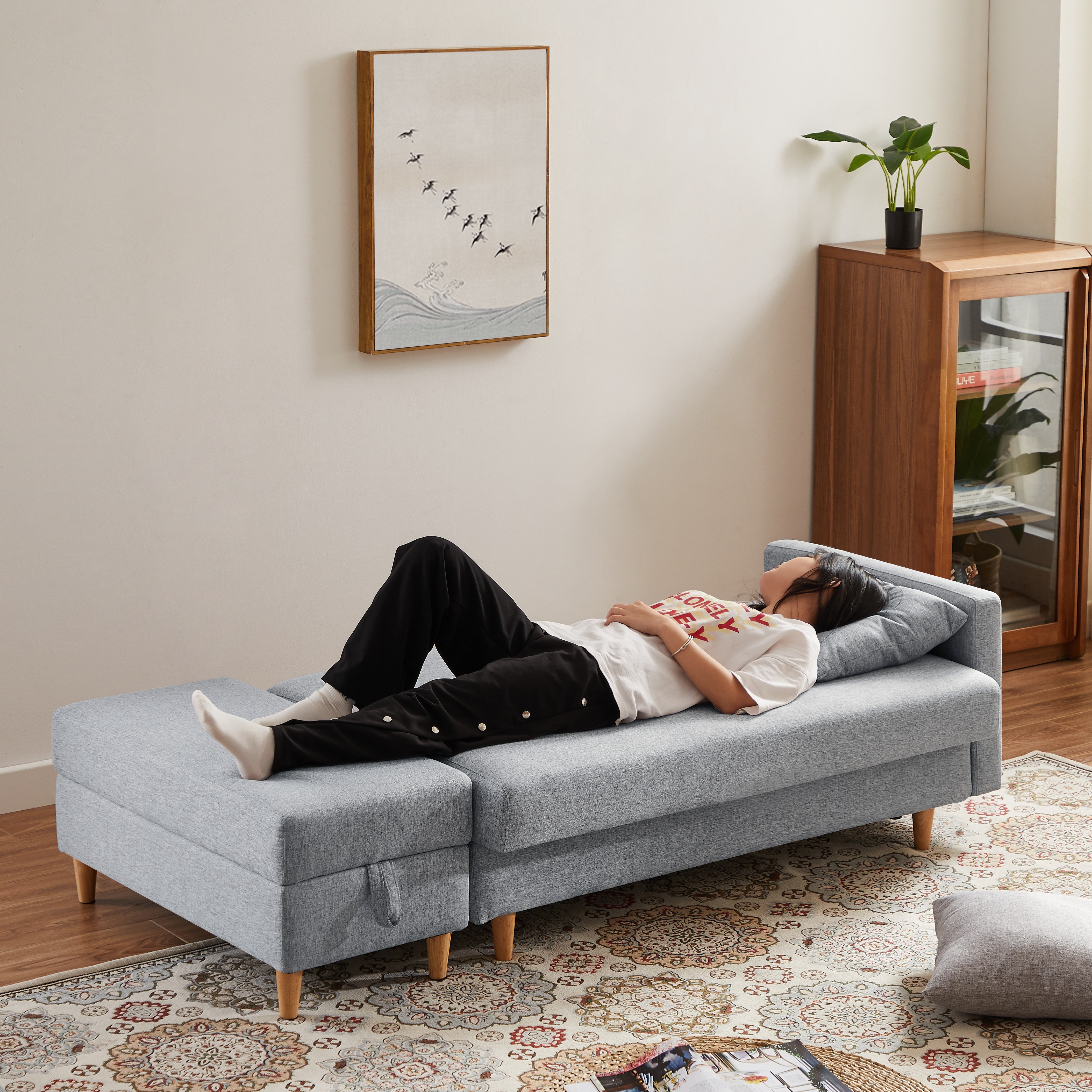 【国内出荷 - 3日配達】ソファ　ソファーベッド　カウチソファ　3人掛け　オットマン付き　多機能ソファ　左右側とも取り付けるアームレスト　たくさん収納　レイアウト自由　クッション2個