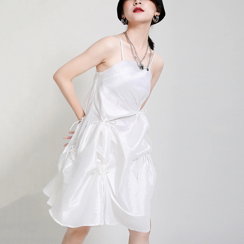 キャミワンピース暗黒小衆デザイン感多しわ引きひも吊りスカート不規則ワンピース パーティードレス