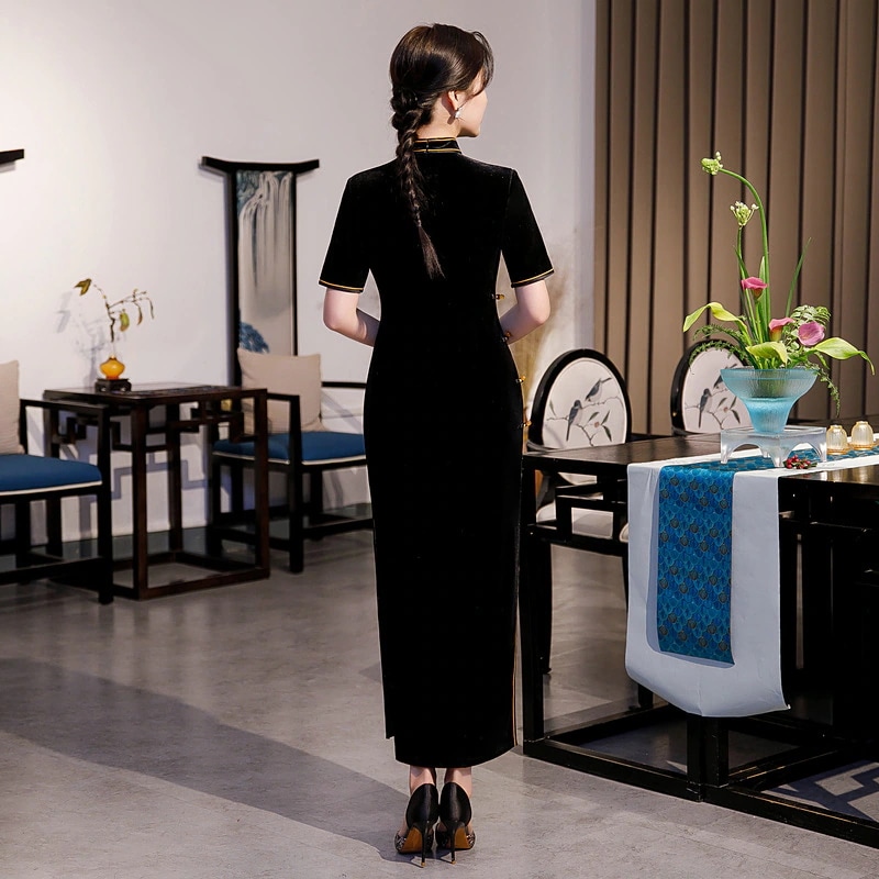 ワンピースドレスドレス2025ロングチョンサムヤングベルベットセクシーな気質シングルレイヤードレス改善バージョンチョンサム女性 ワンピースドレスドレス2025ロングチョンサムヤングベルベットセクシーな気質シングルレイヤードレス改善バージョンチョンサム女性