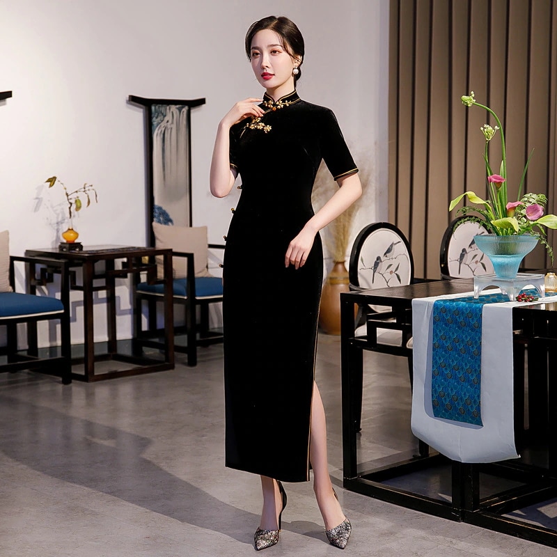 ワンピースドレスドレス2025ロングチョンサムヤングベルベットセクシーな気質シングルレイヤードレス改善バージョンチョンサム女性 ワンピースドレスドレス2025ロングチョンサムヤングベルベットセクシーな気質シングルレイヤードレス改善バージョンチョンサム女性