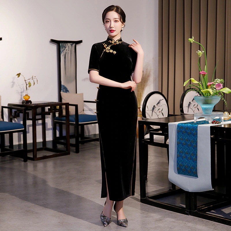 ワンピースドレスドレス2025ロングチョンサムヤングベルベットセクシーな気質シングルレイヤードレス改善バージョンチョンサム女性 ワンピースドレスドレス2025ロングチョンサムヤングベルベットセクシーな気質シングルレイヤードレス改善バージョンチョンサム女性