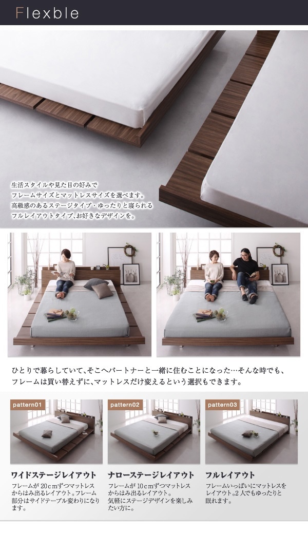 モダンデザイン ローベッド [FRANCLIN]フランクリン [スタンダードポケットコイルマットレス付き] ワイドステージ セミダブル フレーム幅160 [マットレス色]ホワイト