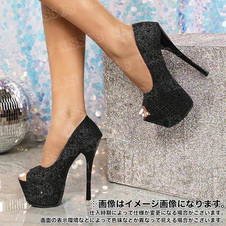 レディース オープントゥ ピンヒール ハイヒール キラキラ スパンコール 16cm キャバ 綺麗 お洒落 パーティー(ブラック, 24.0 cm) レディース オープントゥ ピンヒール ハイヒール キラキラ スパンコール 16cm キャバ 綺麗 お洒落 パーティー(ブラック, 24.0 cm)