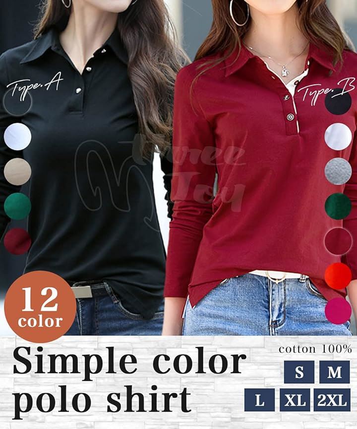 ポロシャツ 長袖 トップス 襟付き カジュアル ボタン レディースゴルフ 無地 薄手 レディースポロシャツ オフィスカジュアル(オレンジ/Bタイプ, L)