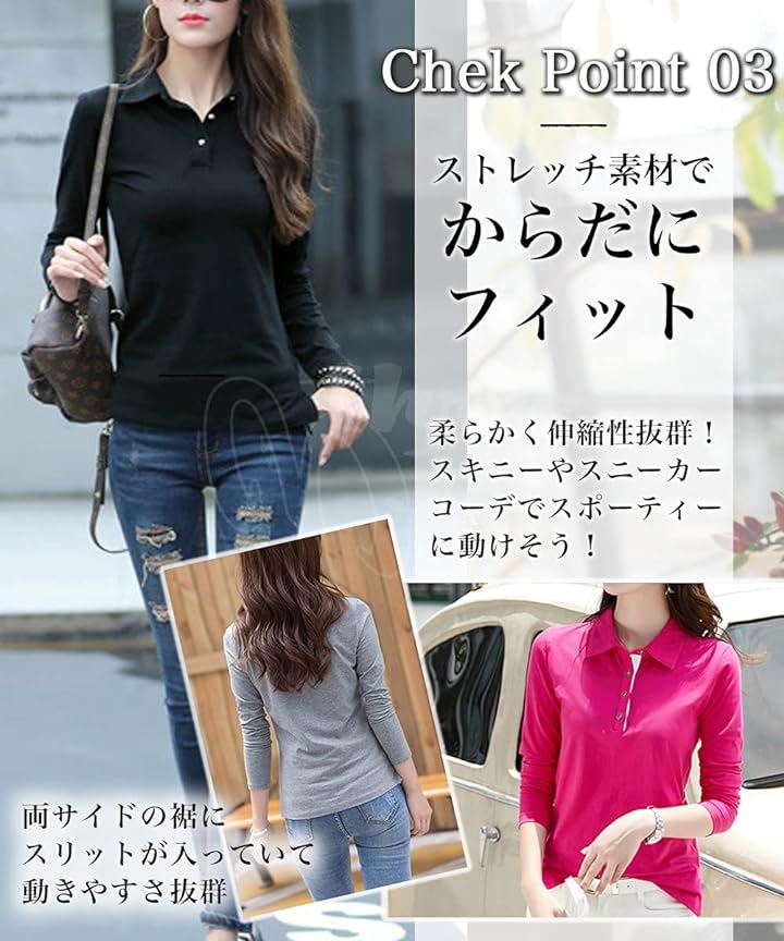 ポロシャツ 長袖 トップス 襟付き カジュアル ボタン レディースゴルフ 無地 薄手 レディースポロシャツ オフィスカジュアル(オレンジ/Bタイプ, L)