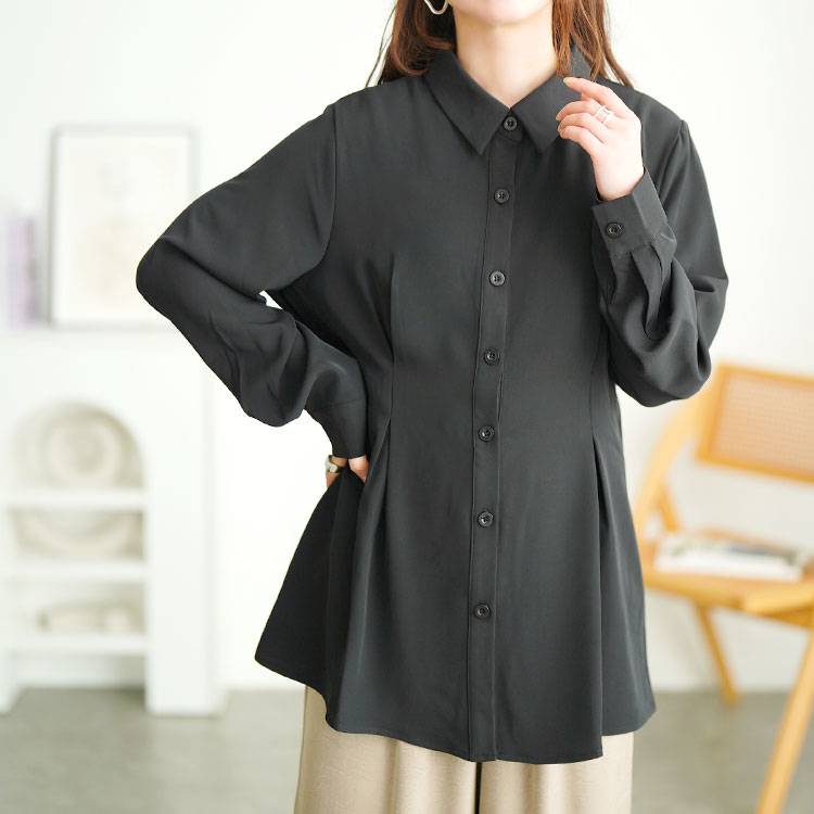 大きいサイズ レディース トップス ブラウス シャツ ウエストタックペプラムブラウス レギュラーカラー 長袖 ボタン タック ペプラム 羽織 通勤 オフィス きれいめ カジュアル オフィスカジュアル