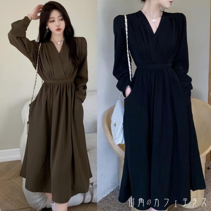 ワンピース カシュクール ミモレ丈 ハイウエスト Vネック L2405 ワンピース カシュクール Vネック 深Vネック 長袖 ロング