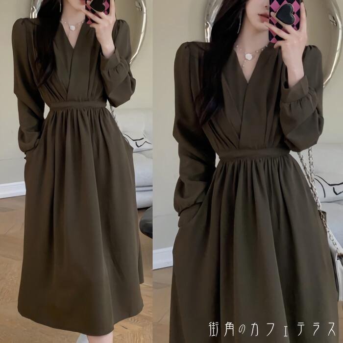 ワンピース カシュクール Vネック 深Vネック 長袖 ロング