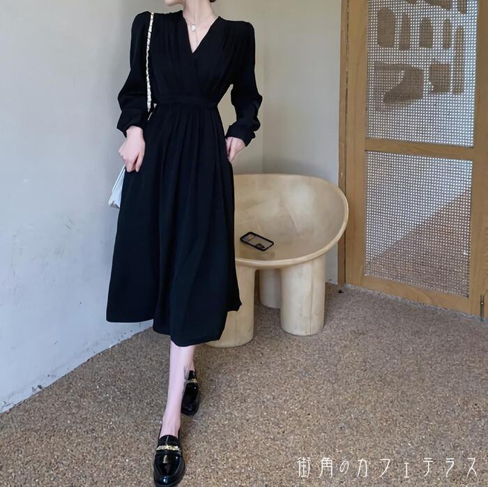 ワンピース カシュクール ミモレ丈 ハイウエスト Vネック L2405 ワンピース カシュクール Vネック 深Vネック 長袖 ロング