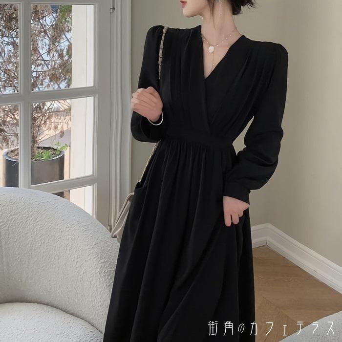 ワンピース カシュクール Vネック 深Vネック 長袖 ロング
