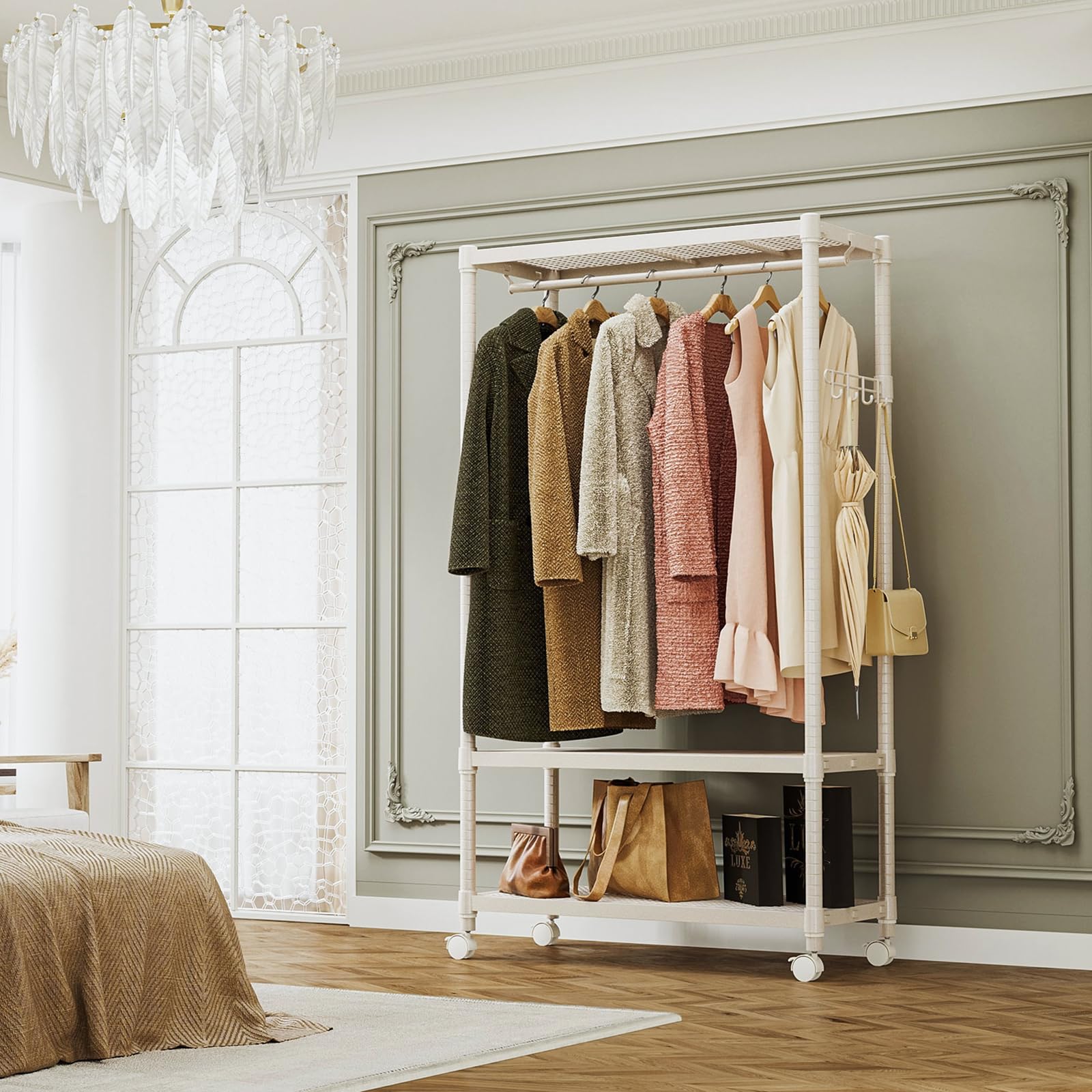 IZEUK ハンガーラック キャスター付き3段 パイプ付き ハンガー 多機能収納 服 棚 工具付属 突っ張りポールハンガー ダブル 高耐荷重 耐久性 頑丈 ワイヤー衣類ラック メタルラック 金属製自立 IZEUK ハンガーラック キャスター付き3段 パイプ付き ハンガー 多機能収納 服 棚 工具付属 突っ張りポールハンガー ダブル 高耐荷重 耐久性 頑丈 ワイヤー衣類ラック メタルラック 金属製自立