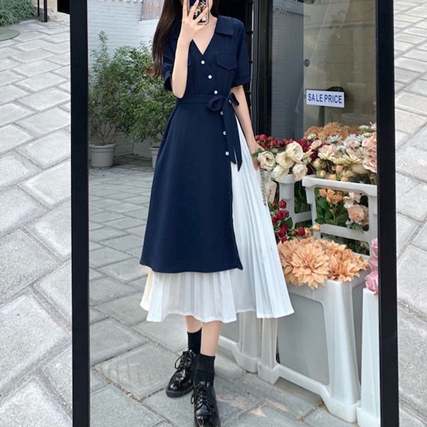 新品✨ワンピ♡レトロ感夏のクラシックシンプルワンピース Qoo10] 夏新作 レトロフレンチ vネック ロング