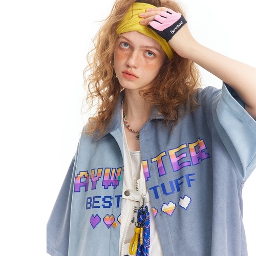 スエードパッチワークヴィンテージ半袖シャツ スエードパッチワークヴィンテージ半袖シャツ