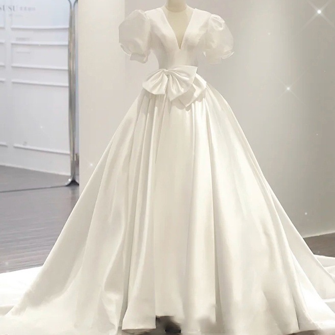 ドレス 衣装 ウエディングドレス 披露宴ドレス 半袖 パフスリーブ Vネック ロングドレス ウエストリボン 切り替えデザイン フレア 切り替えデザイン ステージドレス 発表会 フレア かわいい