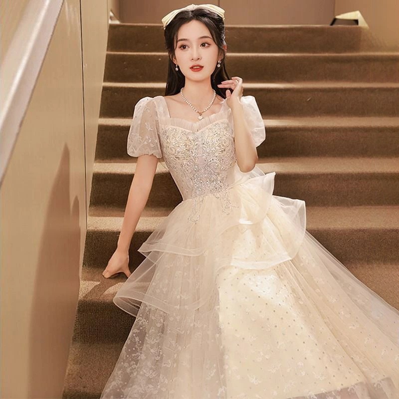 結婚式ドレス 二次会ドレス シャンパン色 ロングドレス イブニングドレス フレア フリル 可愛い 成人式ドレス 同窓会 謝恩会 ドレス Aライン 発表会ドレス パーティードレス ロング XS S M