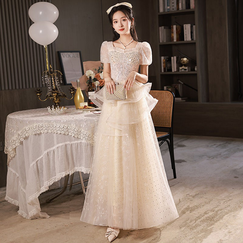 結婚式ドレス 二次会ドレス シャンパン色 ロングドレス イブニングドレス フレア フリル 可愛い 成人式ドレス 同窓会 謝恩会 ドレス Aライン 発表会ドレス パーティードレス ロング XS S M