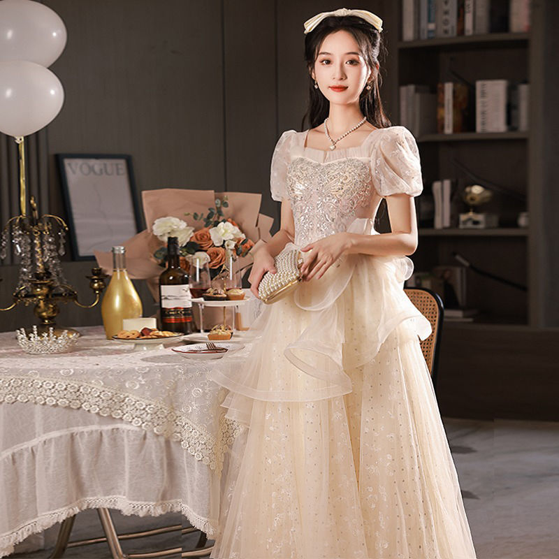 結婚式ドレス 二次会ドレス シャンパン色 ロングドレス イブニングドレス フレア フリル 可愛い 成人式ドレス 同窓会 謝恩会 ドレス Aライン 発表会ドレス パーティードレス ロング XS S M