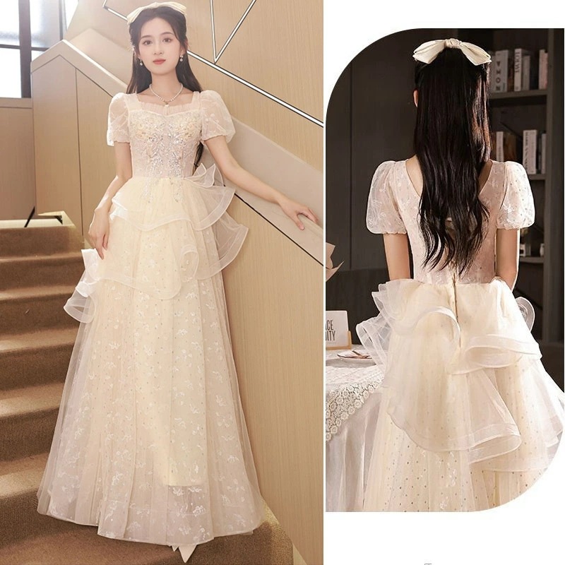 結婚式ドレス 二次会ドレス シャンパン色 ロングドレス イブニングドレス フレア フリル 可愛い 成人式ドレス 同窓会 謝恩会 ドレス Aライン 発表会ドレス パーティードレス ロング XS S M