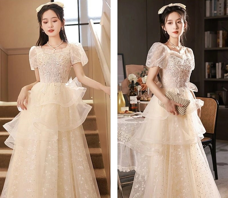 結婚式ドレス 二次会ドレス シャンパン色 ロングドレス イブニングドレス フレア フリル 可愛い 成人式ドレス 同窓会 謝恩会 ドレス Aライン 発表会ドレス パーティードレス ロング XS S M