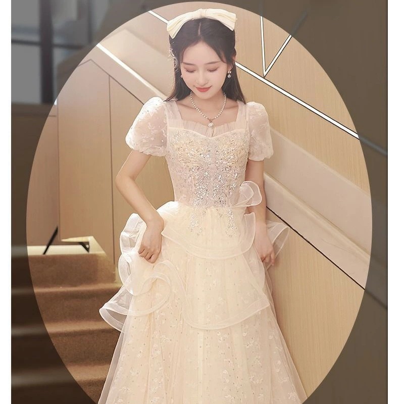 結婚式ドレス 二次会ドレス シャンパン色 ロングドレス イブニングドレス フレア フリル 可愛い 成人式ドレス 同窓会 謝恩会 ドレス Aライン 発表会ドレス パーティードレス ロング XS S M