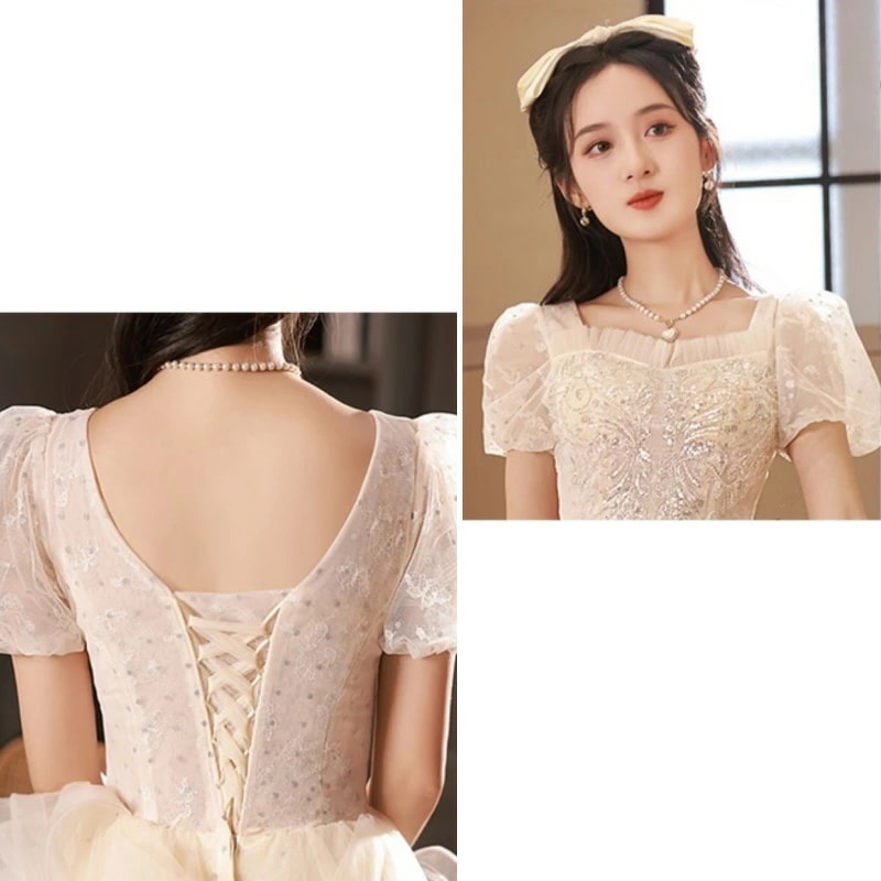 結婚式ドレス 二次会ドレス シャンパン色 ロングドレス イブニングドレス フレア フリル 可愛い 成人式ドレス 同窓会 謝恩会 ドレス Aライン 発表会ドレス パーティードレス ロング XS S M