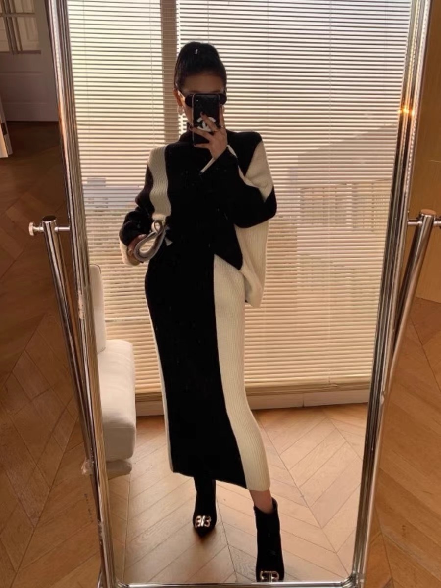 【セットアップ】バイカラー ハイネックニットセーター+ニットスカート コントラスト バイカラー ニット スカート セットアップ set up ニットアップ 上下セット レディース モノトーン 【セットアップ】バイカラー ハイネックニットセーター+ニットスカート コントラスト バイカラー ニット スカート セットアップ set up ニットアップ 上下セット レディース モノトーン