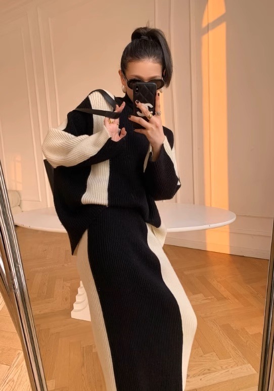 【セットアップ】バイカラー ハイネックニットセーター+ニットスカート コントラスト バイカラー ニット スカート セットアップ set up ニットアップ 上下セット レディース モノトーン 【セットアップ】バイカラー ハイネックニットセーター+ニットスカート コントラスト バイカラー ニット スカート セットアップ set up ニットアップ 上下セット レディース モノトーン