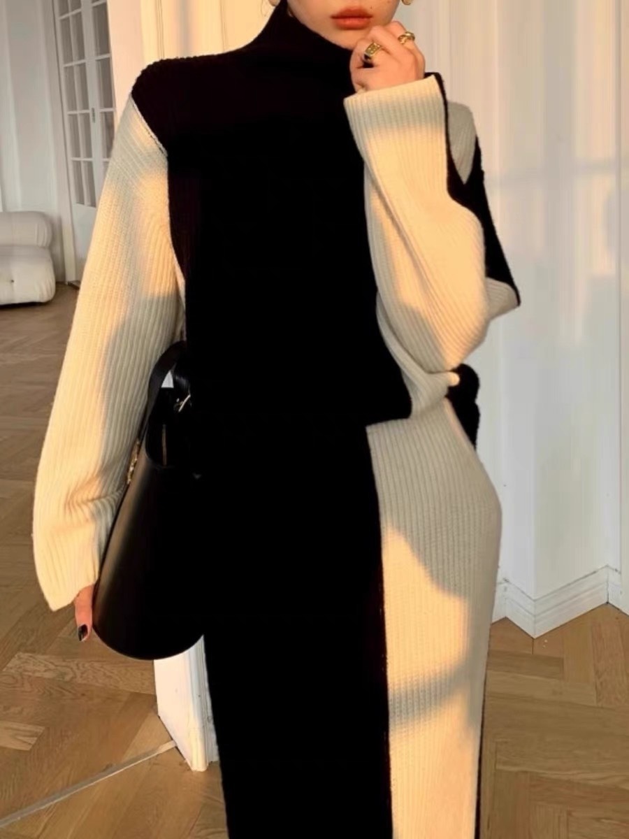 【セットアップ】バイカラー ハイネックニットセーター+ニットスカート コントラスト バイカラー ニット スカート セットアップ set up ニットアップ 上下セット レディース モノトーン 【セットアップ】バイカラー ハイネックニットセーター+ニットスカート コントラスト バイカラー ニット スカート セットアップ set up ニットアップ 上下セット レディース モノトーン