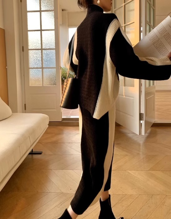 【セットアップ】バイカラー ハイネックニットセーター+ニットスカート コントラスト バイカラー ニット スカート セットアップ set up ニットアップ 上下セット レディース モノトーン 【セットアップ】バイカラー ハイネックニットセーター+ニットスカート コントラスト バイカラー ニット スカート セットアップ set up ニットアップ 上下セット レディース モノトーン