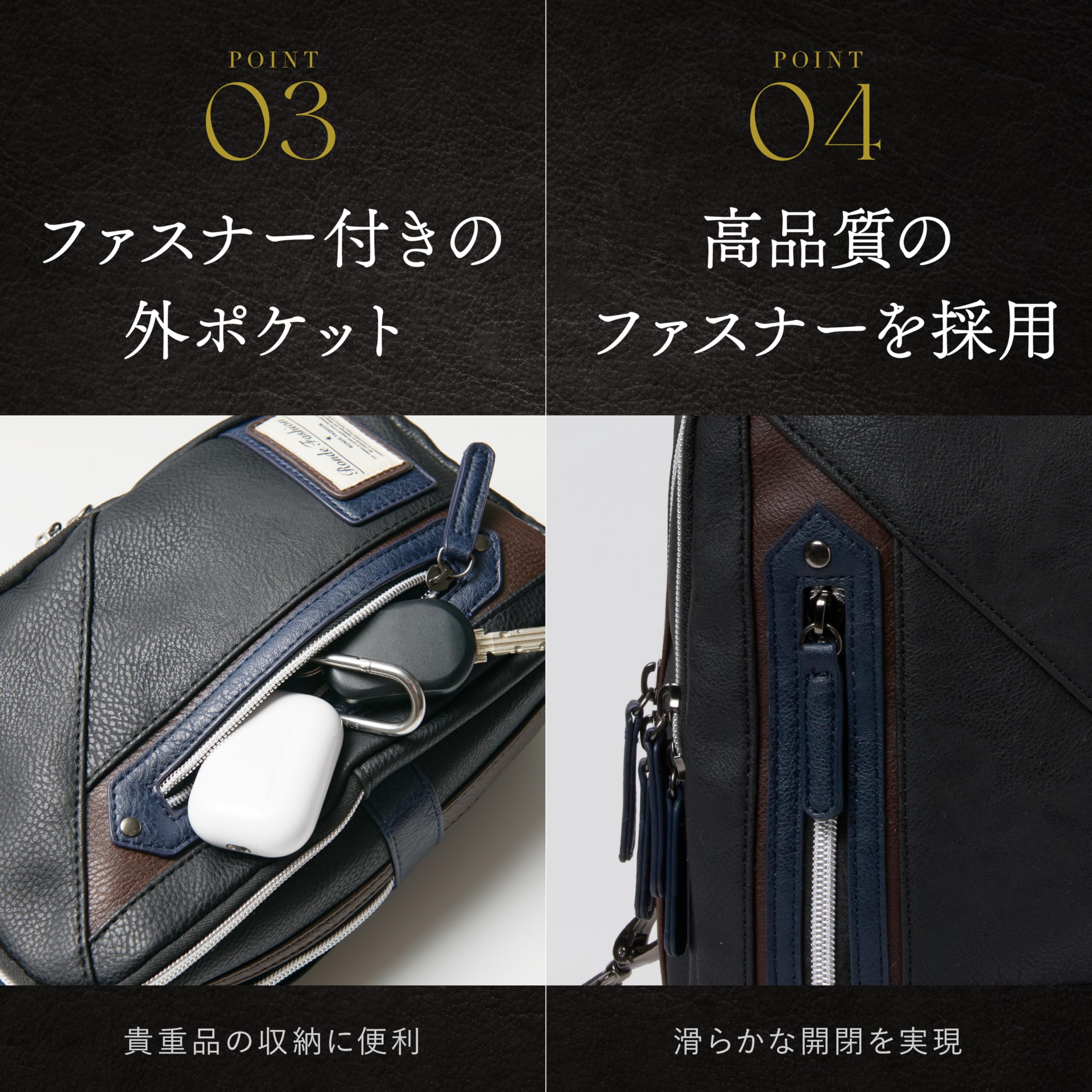 [RONDE] 斜め掛け ボディバッグ【レザーX 背面メッシュ】ショルダーバッグ ボディーバッグ ワンショルダー 大容量 斜めがけバッグ スポーツバッグ メンズ