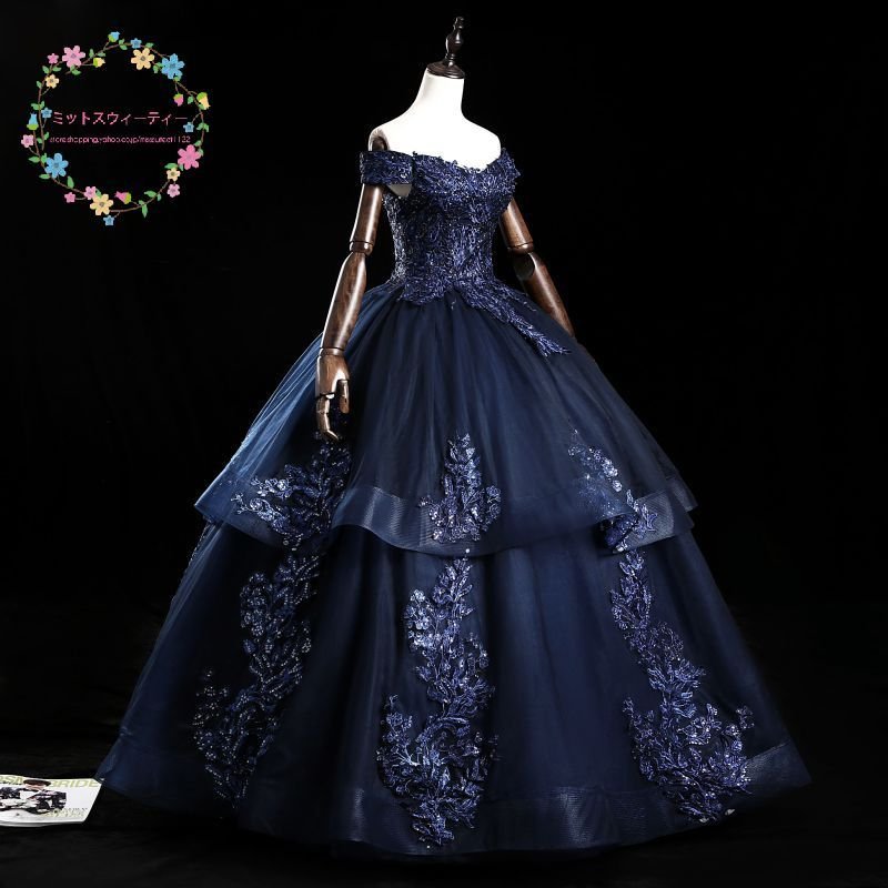 カラードレス ロングドレス 発表会 色変更可能 演奏会 コンサート 主役 ネイビー イブニングドレス