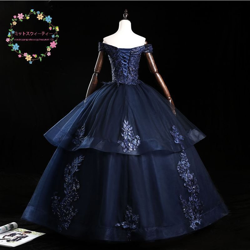 カラードレス ロングドレス 発表会 色変更可能 演奏会 コンサート 主役 ネイビー イブニングドレス