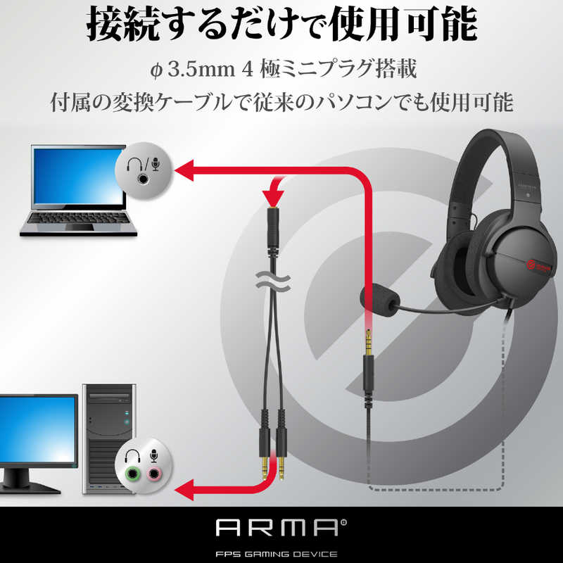 エレコム ELECOM ゲーミングヘッドセット φ3.5mmミニプラグ/ヘッドバンドタイプ HS-ARMA100BK エレコム ELECOM ゲーミングヘッドセット φ3.5mmミニプラグ/ヘッドバンドタイプ HS-ARMA100BK