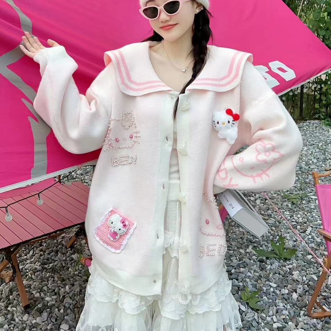 カーディガン ニット レディース キティちゃん セーラー襟 可愛い セーター ゆったり ニットカーディガン 服 トップス カジュアル カーディガン ニット レディース キティちゃん セーラー襟 可愛い セーター ゆったり ニットカーディガン 服 トップス カジュアル