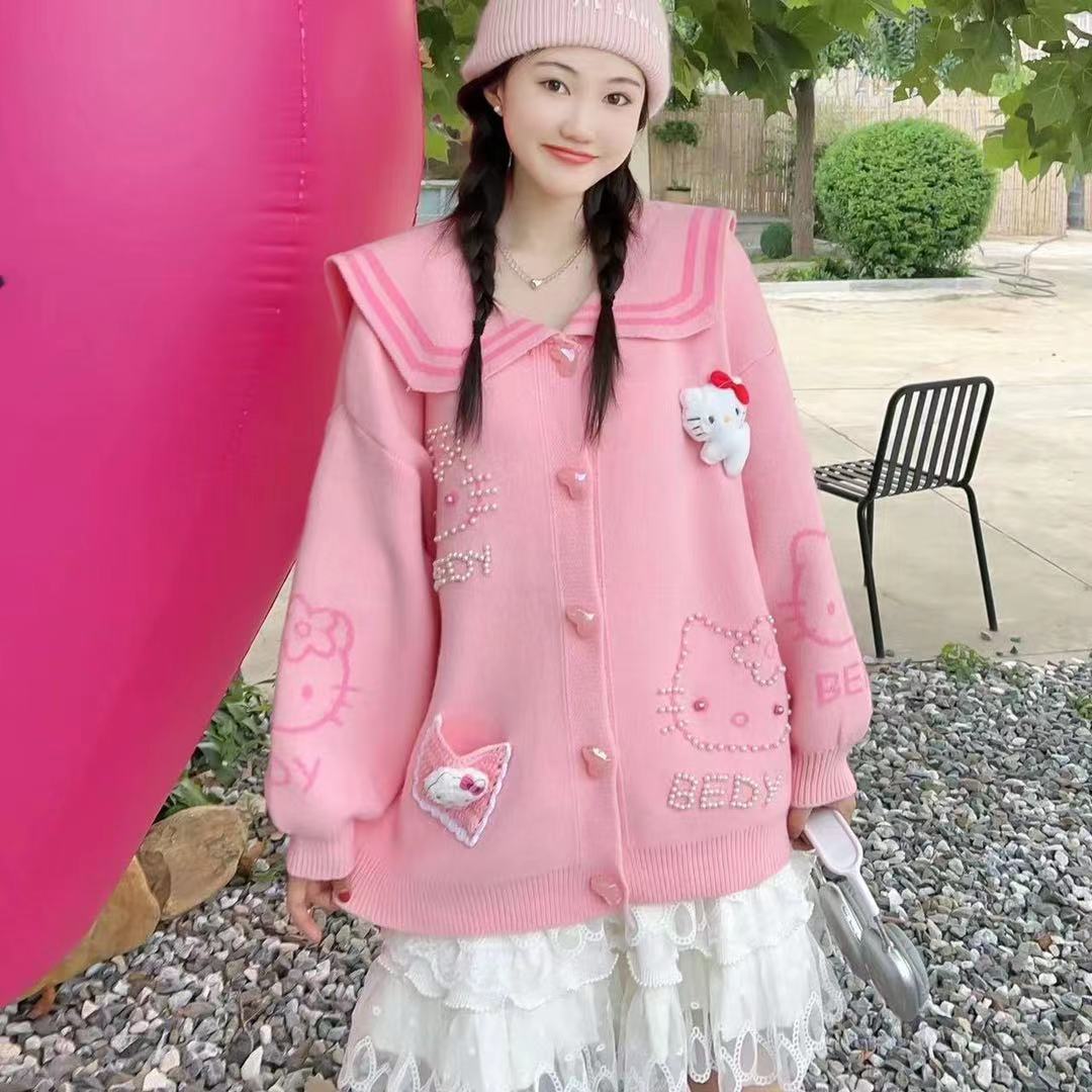 カーディガン ニット レディース キティちゃん セーラー襟 可愛い セーター ゆったり ニットカーディガン 服 トップス カジュアル カーディガン ニット レディース キティちゃん セーラー襟 可愛い セーター ゆったり ニットカーディガン 服 トップス カジュアル